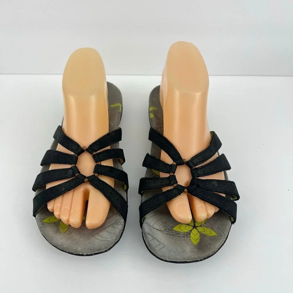 Abeo Sandals Womens 8 N‎ Farren Strappy Slides Black Leather Open Toe Floral